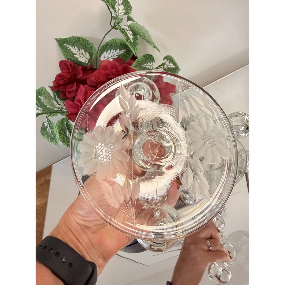 Vintage Etched Cornflower Crystal Bubble Loop Candle Holders Likely W.J. Hughes - Picture 8 of 8